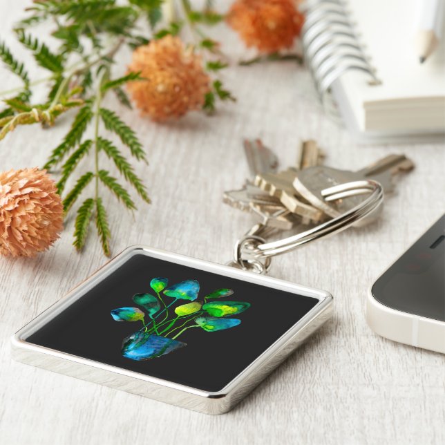 Watercolor plant art green and blue abstract key ring (Side)