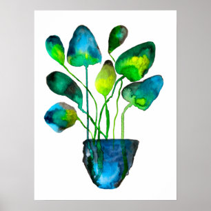 Watercolor plant art green and blue abstract poster