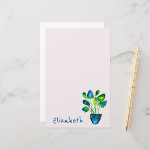 Watercolor plant art green and blue abstract stationery