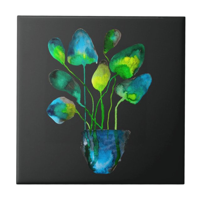 Watercolor plant art green and blue abstract tile (Front)
