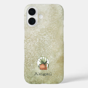 Watercolor Plant & Grunge Background With Name iPhone 16 Case