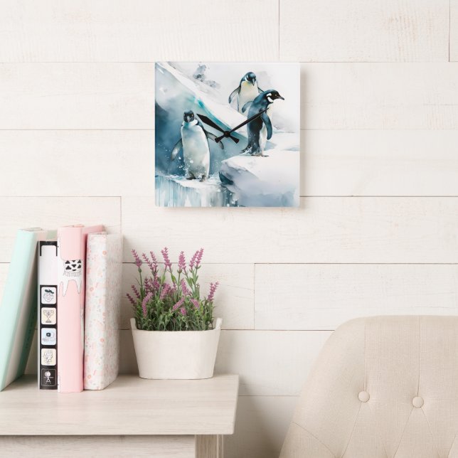 Watercolor Playful Penguins Artwork Square Wall Clock (Reading Room)