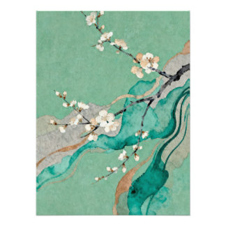 Watercolor Plum Blossoms on Teal Background Photo Print