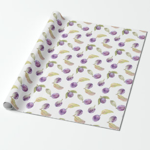 Watercolor Plum Fruit with Leaves White Wrapping Paper