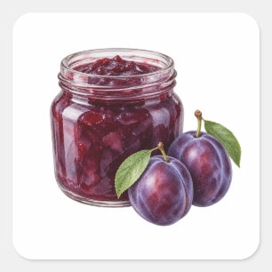 Watercolor Plum Jam Jar and Ripe Plums Square Sticker
