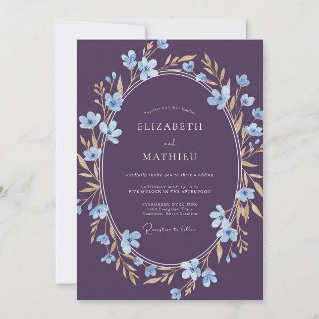 Watercolor Plum Periwinkle Wreath Wedding Invitation (Front)