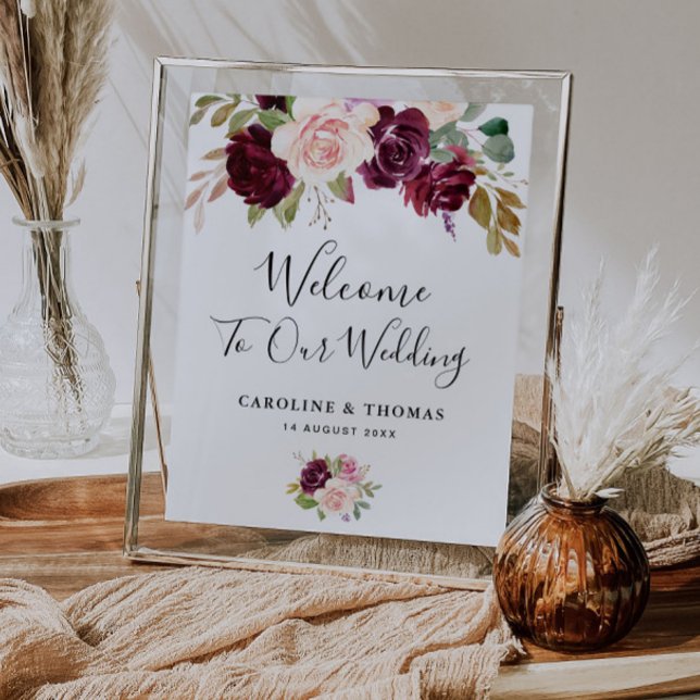 watercolor plum purple floral wedding welcome sign (Creator Uploaded)