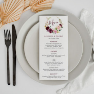 Watercolor plum purple & peach wedding menu