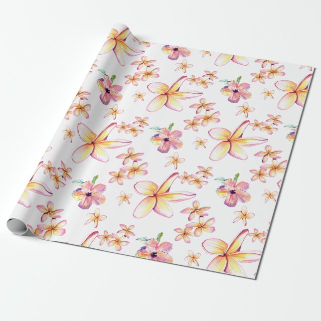 Watercolor Plumeria and Hibiscus Wrapping Paper (Unrolled)