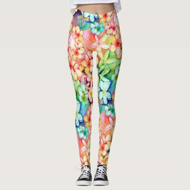Watercolor Plumeria Hawaii Leggings (Front)