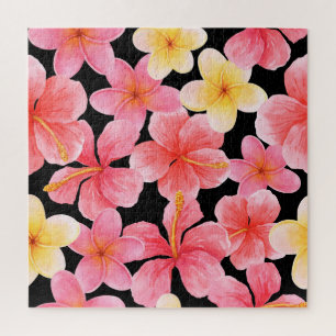 Watercolor Plumeria Hibiscus Flowers Pattern Jigsaw Puzzle
