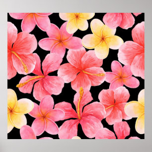 Watercolor Plumeria Hibiscus Flowers Pattern Poster
