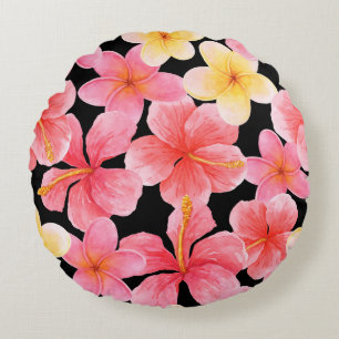 Watercolor Plumeria Hibiscus Flowers Pattern Round Cushion