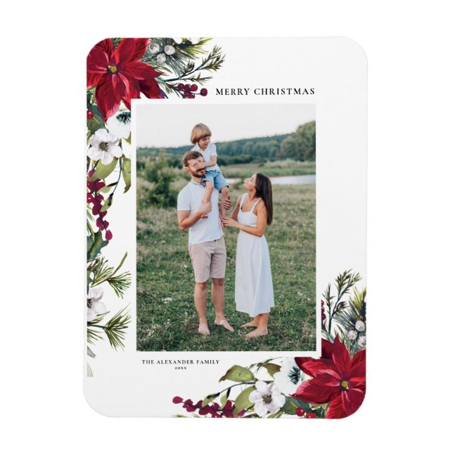 Watercolor Poinsettia and Fir Leaves Holiday Photo Magnet (Vertical)