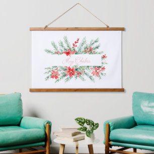 Watercolor poinsettia and greenery Christmas Hanging Tapestry