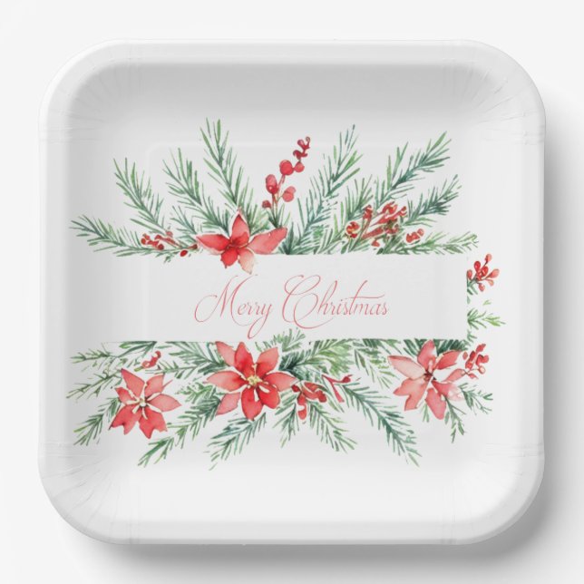 Watercolor poinsettia and greenery Christmas Paper Plate (Front)