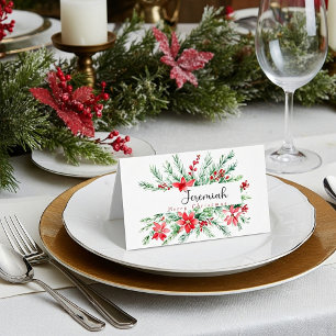 Watercolor poinsettia and greenery Christmas Place Card