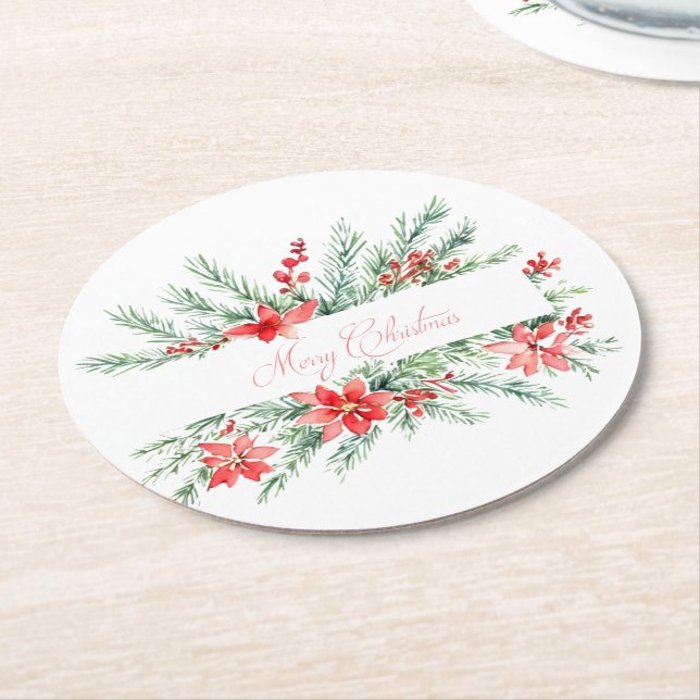 Watercolor poinsettia and greenery Christmas Round Paper Coaster (Angled)