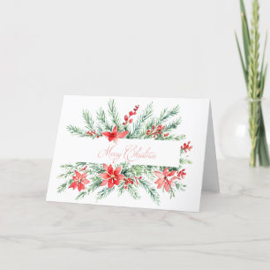 Watercolor poinsettia and greenery holiday card