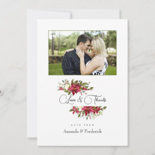 Watercolor Poinsettia and Holly Christmas Photo Thank You Card