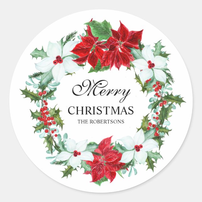 Watercolor Poinsettia and Holly | Merry Christmas Classic Round Sticker (Front)