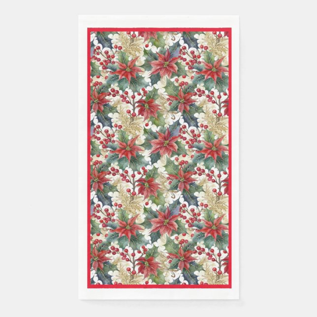Watercolor poinsettia and holly pattern Christmas Napkin (Front)