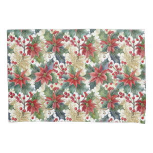 Watercolor poinsettia and holly pattern Christmas Pillowcase