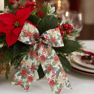 Watercolor poinsettia and holly pattern Christmas Satin Ribbon