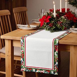 Watercolor poinsettia and holly pattern Christmas Short Table Runner