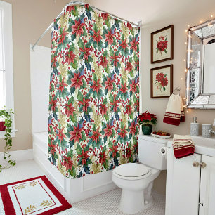 Watercolor poinsettia and holly pattern Christmas Shower Curtain