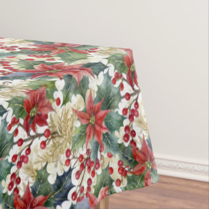Watercolor poinsettia and holly pattern Christmas Tablecloth