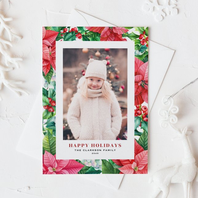 Watercolor Poinsettia and Holly Photo Christmas Holiday Card (Watercolor Poinsettia and Holly Photo Christmas Holiday Card)