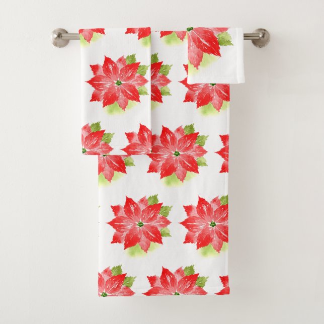Watercolor Poinsettia and Pattern Bath Towel Set (Insitu)