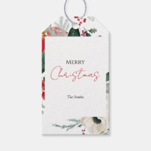Watercolor Poinsettia and White Floral Christmas F Gift Tags