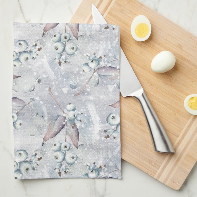 Watercolor poinsettia, berries , snow, kitchen tea towel (Quarter Fold)