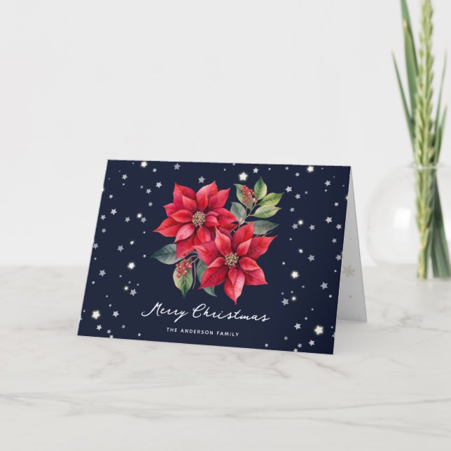 Watercolor Poinsettia Blue Photo Merry Christmas Holiday Card (Front)