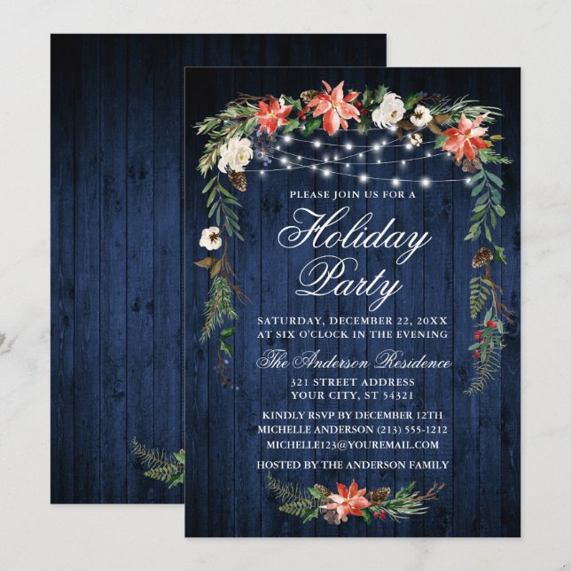 Watercolor Poinsettia Blue Wood Lights Holiday Invitation (Front/Back)