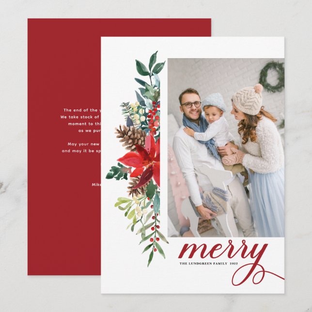 Watercolor Poinsettia Botanical Merry Christmas Holiday Card (Front/Back)
