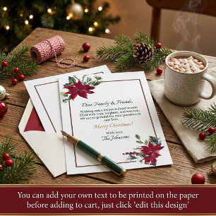 Watercolor poinsettia Christmas blank stationery Holiday Card
