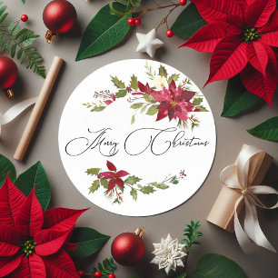 Watercolor Poinsettia Christmas Classic Round Sticker