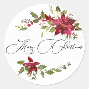 Watercolor Poinsettia Christmas Classic Round Sticker