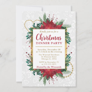 Watercolor Poinsettia Christmas Dinner Party Invitation