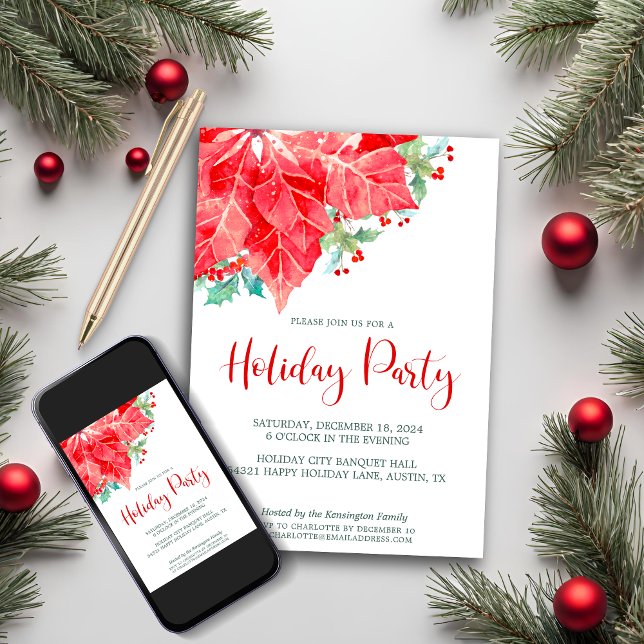 Watercolor Poinsettia Christmas Holiday Party Card (Watercolor Poinsettia Christmas Holiday Party Invitation with Digital Download)