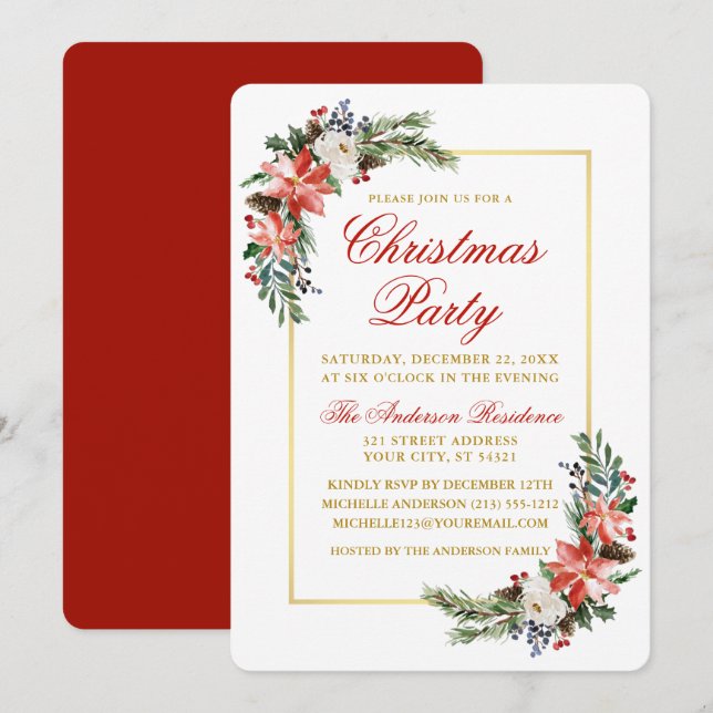 Watercolor Poinsettia Christmas Party Gold Red Invitation (Front/Back)