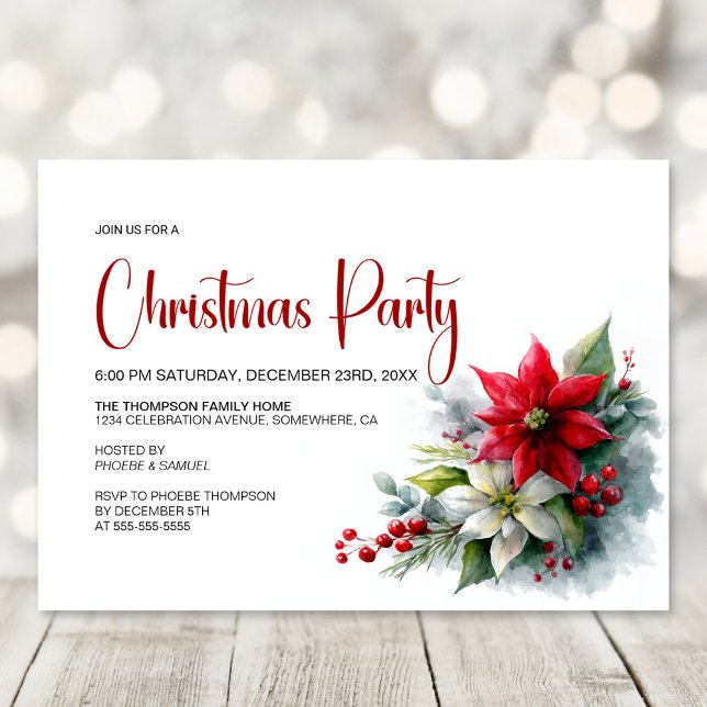 Watercolor Poinsettia Christmas Party Invitation (Creator Uploaded)