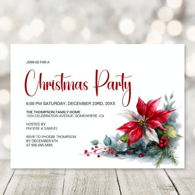 Watercolor Poinsettia Christmas Party Invitation (Creator Uploaded)