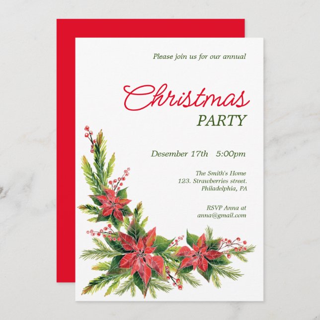 Watercolor poinsettia Christmas Party Invitation (Front/Back)