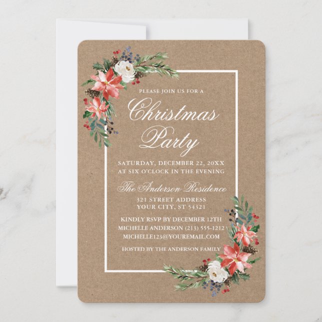Watercolor Poinsettia Christmas Party Kraft Invitation (Front)