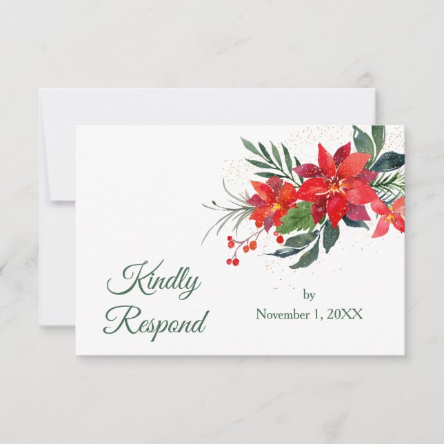 Watercolor Poinsettia Christmas Wedding RSVP Card (Front)