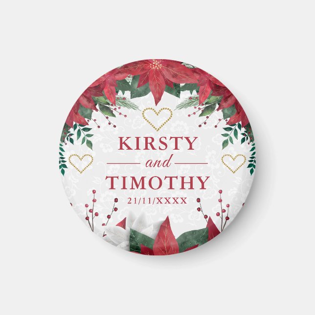 Watercolor Poinsettia Christmas Winter Wedding Magnet (Front)